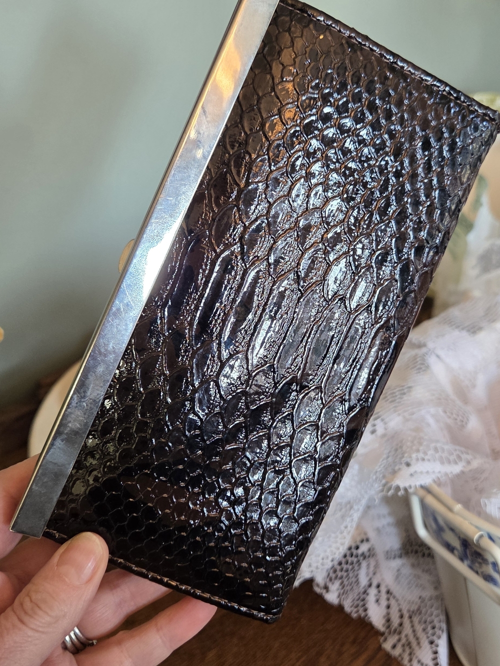 Vintage Black Patent Snake-Embossed Clutch Wallet